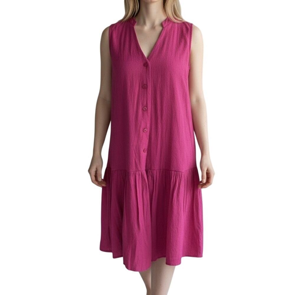 NWT! NINE WEST! ROMANTIC FUSCHIA PINK DROPPED WAIST, CRIMPED BUTTON UP DRESS! XS